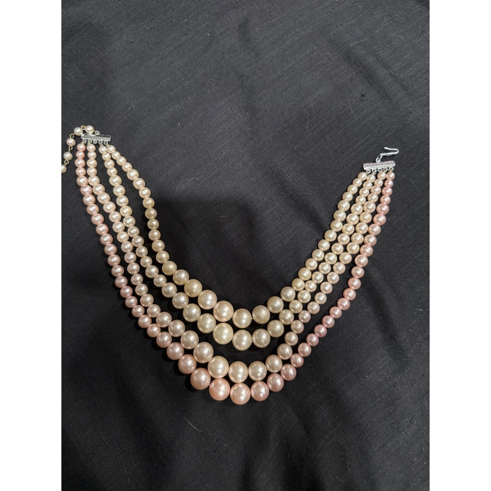 Multi Strand Faux Pearl Necklace‎ Pink Cream Graduated Choker Japan Clasp 14"
